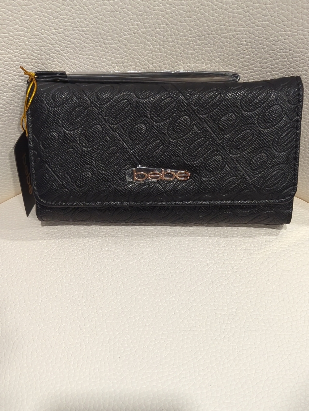 bebe Black Textured Wallet with Gold Logo